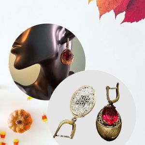 Vintage Inspired Earrings with Red Glass Stone
